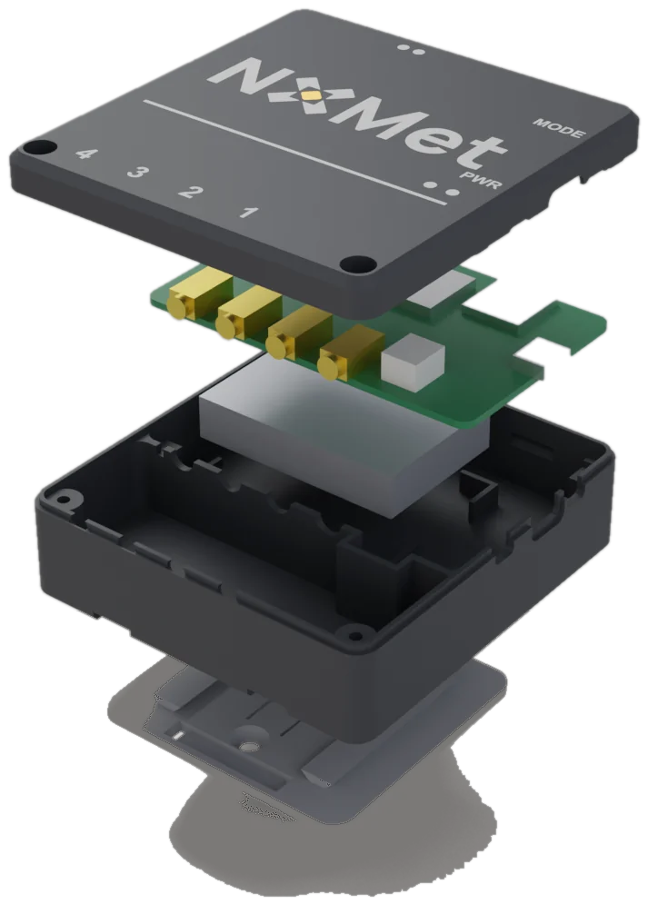 Vista esplosa di NXMet con scheda elettronica e batteria
